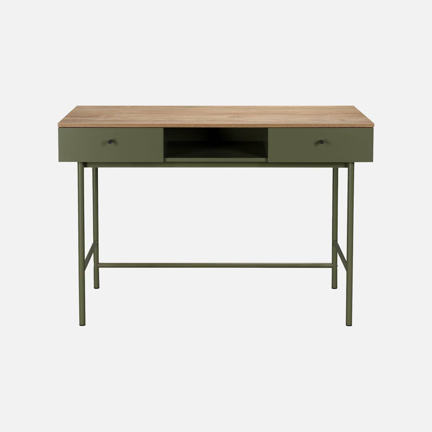 Bureau décor bois et fer 2 tiroirs 1 casier kaki - William Photo3