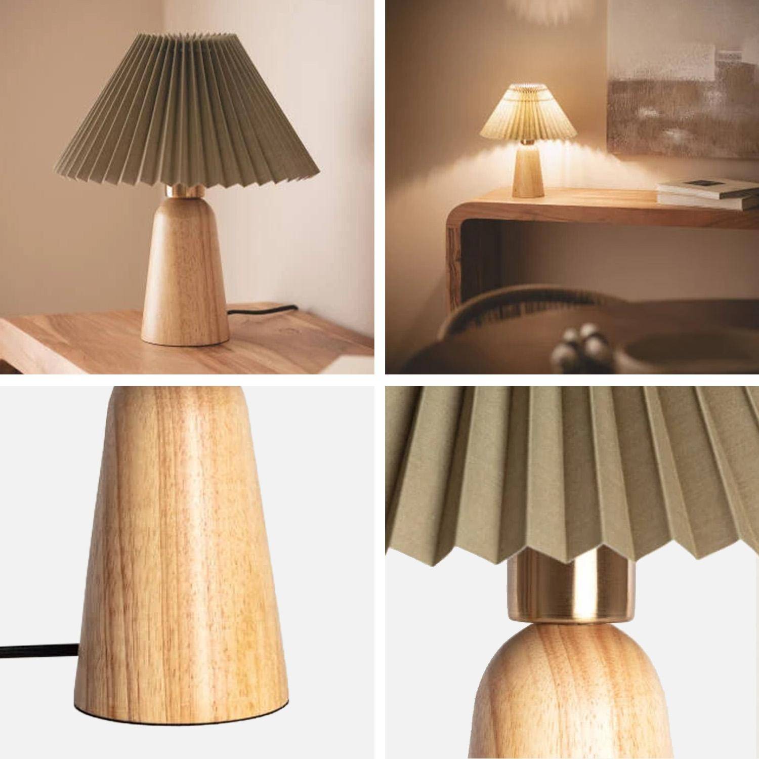 Lampada da tavolo da interno in legno e tessuto, Ø 10,5 cm Verde kaki - 33.5x30x30 cm Photo2