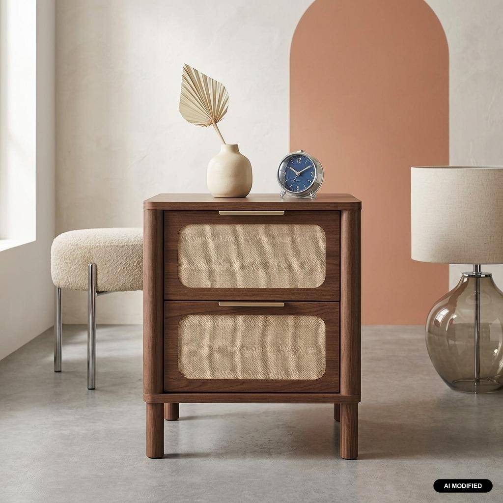 Table de chevet vintage décor bois et cannage 2 tiroirs noyer - Etta Photo1