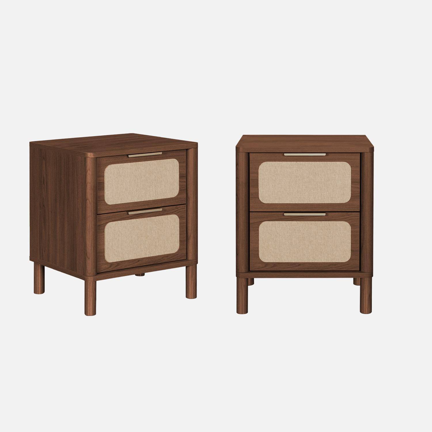Lot de 2 tables de chevet vintage décor bois et cannage 2 tiroirs noyer - Etta,sweeek,Photo2