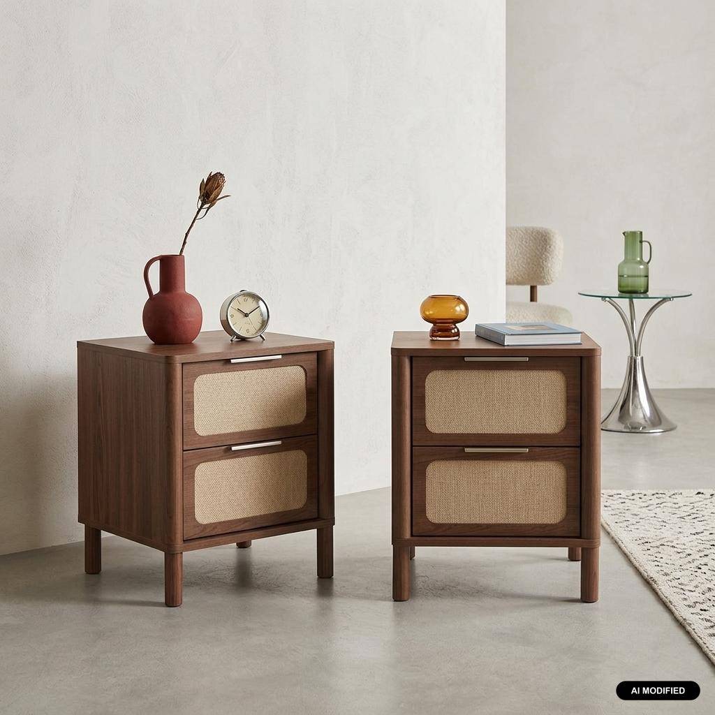 Lot de 2 tables de chevet vintage décor bois et cannage 2 tiroirs noyer - Etta Photo1