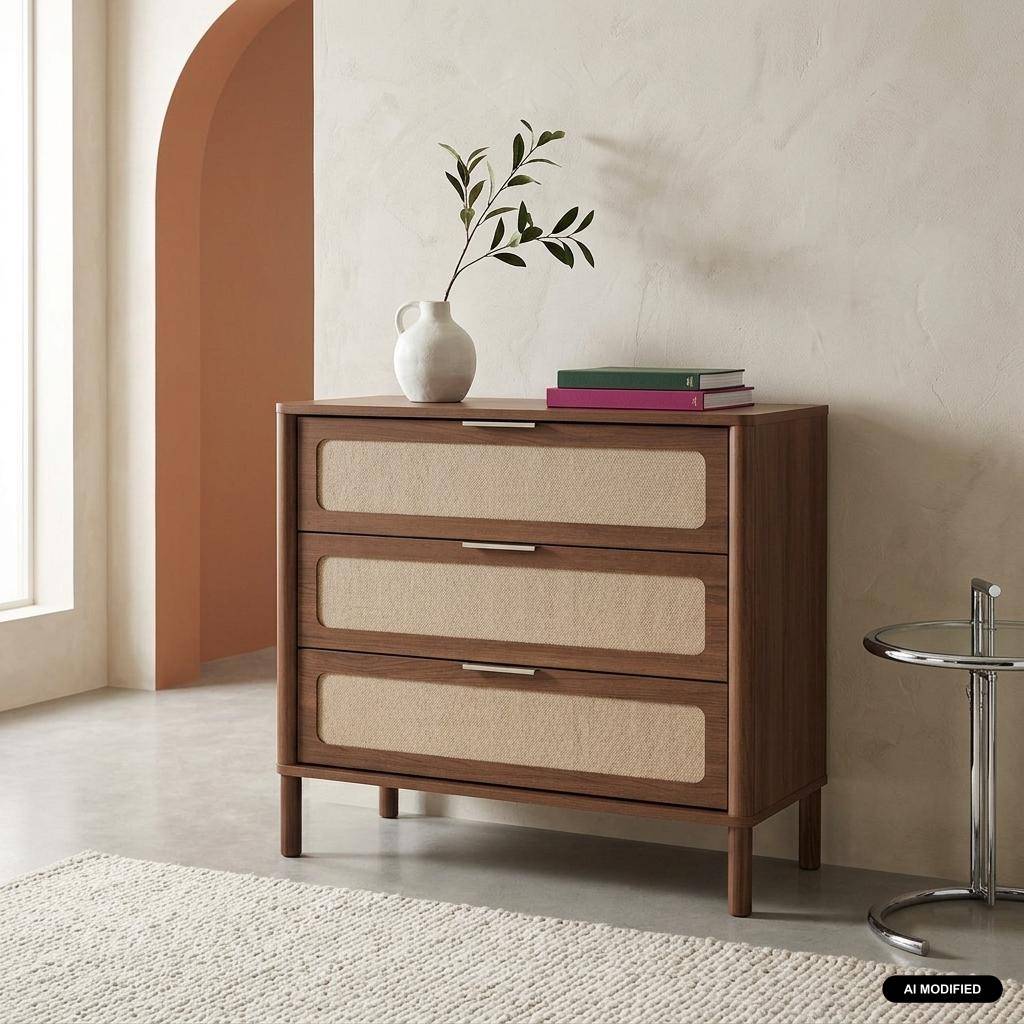 Commode vintage décor bois et cannage 3 tiroirs noyer - Etta,sweeek,Photo1