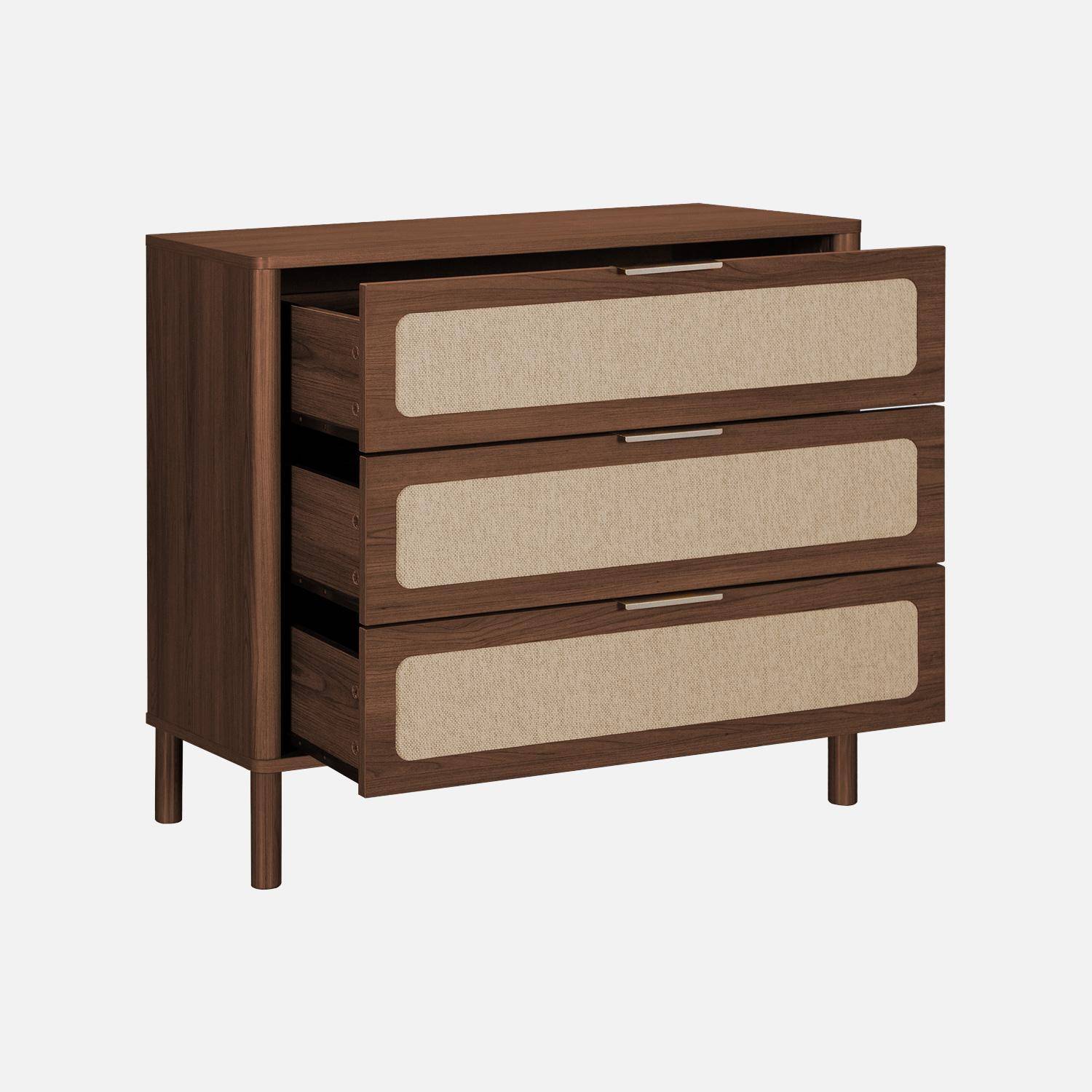 Cassettiera vintage decorata in legno e paglia di Vienna, 3 cassetti, Etta, Noce, 80x39.5x75.5 cm,sweeek,Photo2