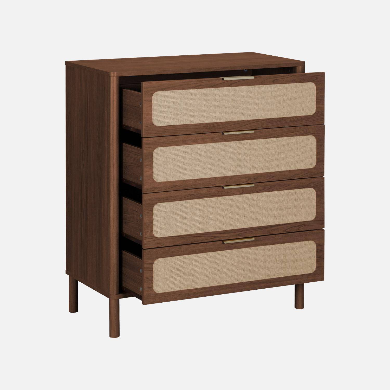 Cómoda vintage de madera y rejilla con 4 cajones, Etta, Nogal, 80x39.5x95 cm,sweeek,Photo2