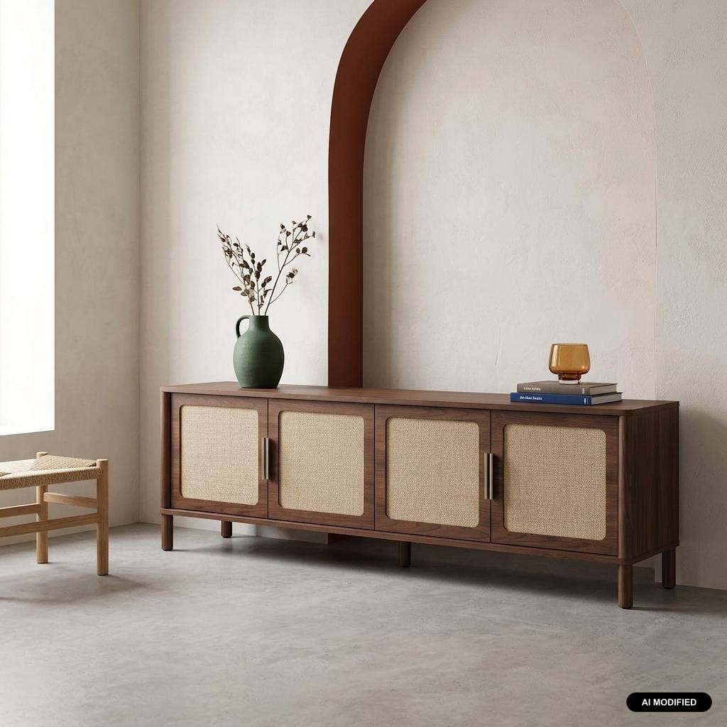 Meuble TV vintage décor bois et cannage 4 portes 160cm noyer - Etta Photo1