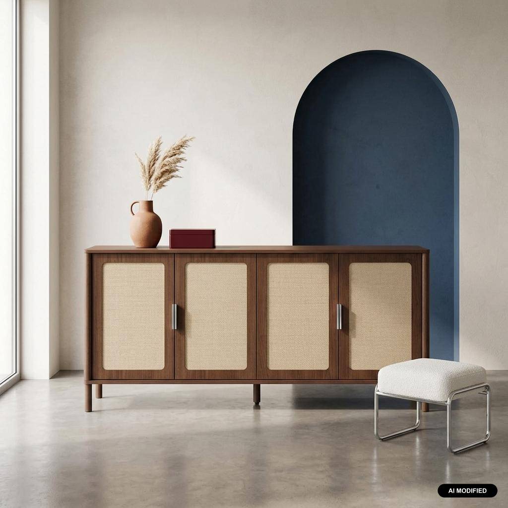 Buffet vintage décor bois et cannage 4 portes 160cm noyer - Etta Photo1