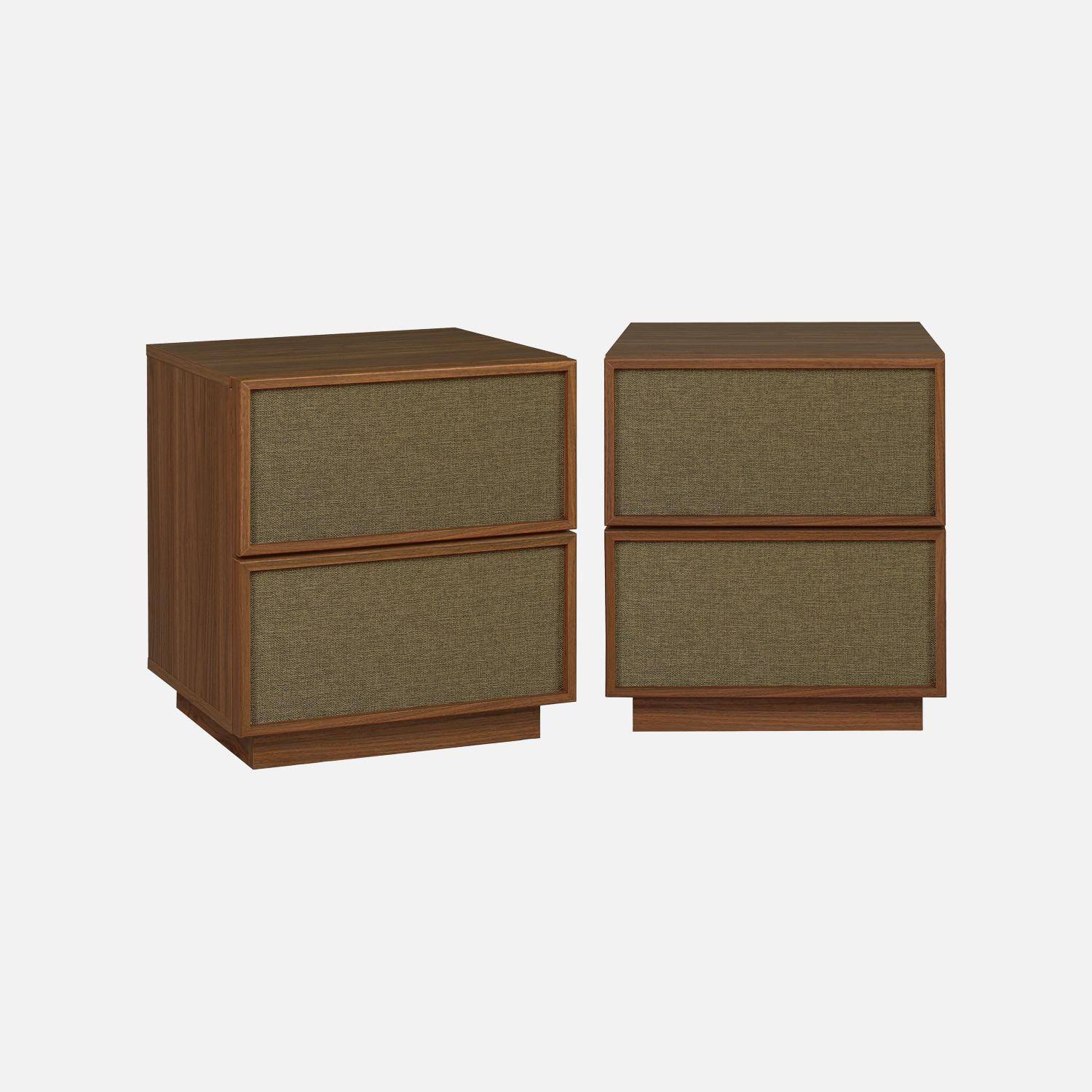 Lot de 2 tables de chevet décor bois et tissu 2 tiroirs noyer - Kuba Photo1