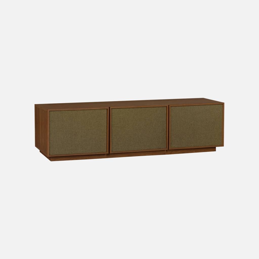 Meuble TV décor bois et tissu 3 portes 180cm noyer