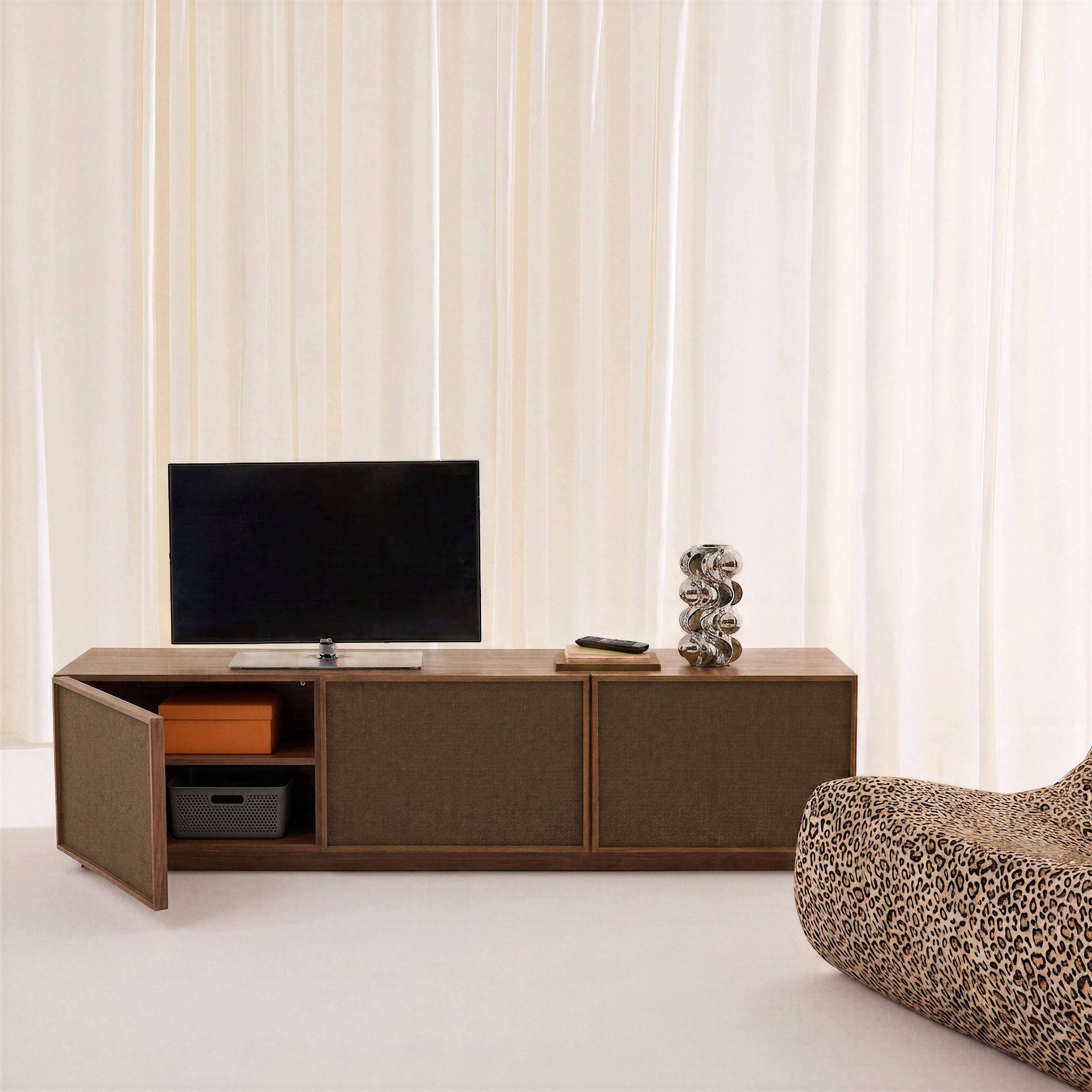 Meuble TV décor bois et tissu 3 portes 180cm noyer - Kuba Photo2