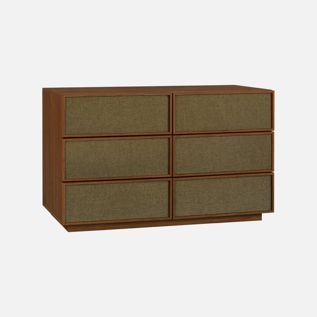 Commode décor bois et tissu 6 tiroirs noyer