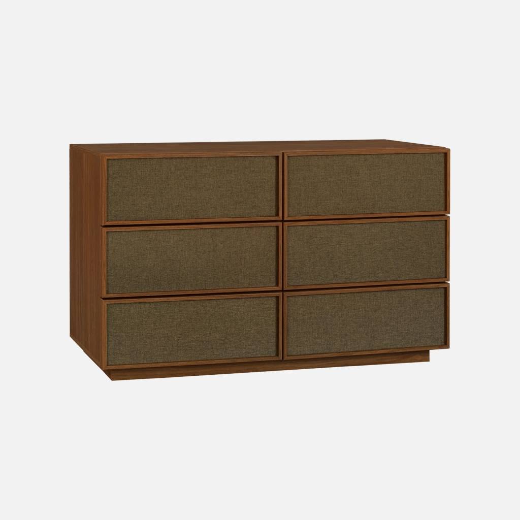 Commode décor bois et tissu 6 tiroirs noyer