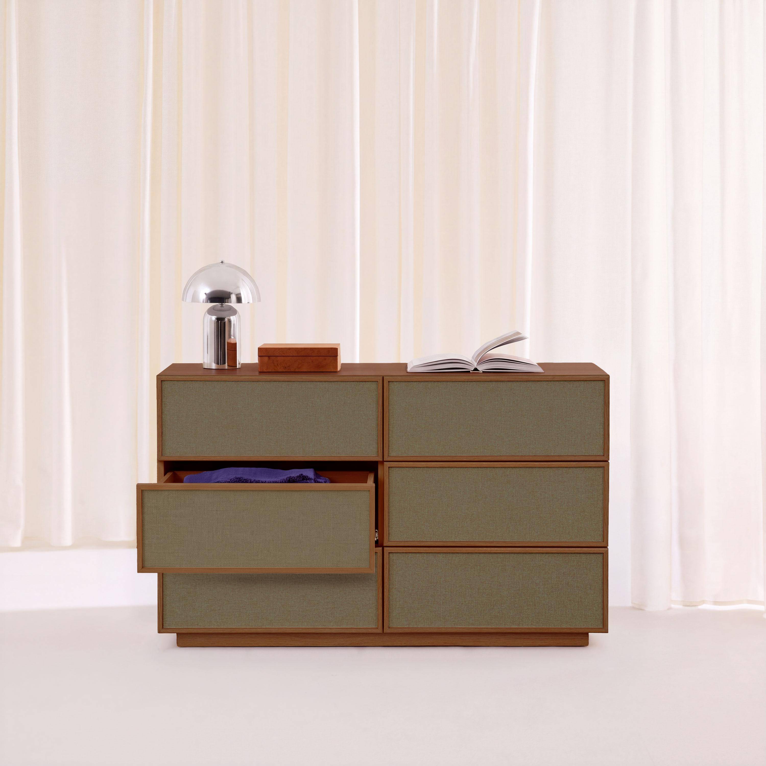Commode de rangement décor bois et tissu 6 tiroirs noyer - Kuba,sweeek,Photo2