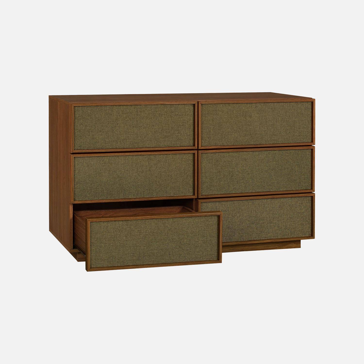 Commode de rangement décor bois et tissu 6 tiroirs noyer - Kuba,sweeek,Photo3