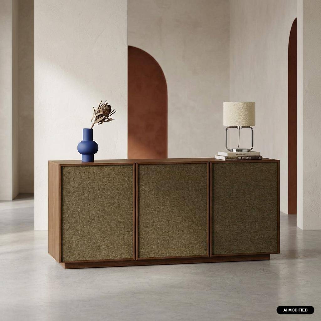 Sideboard 3 doors fabric and wood decor walnut 160x43x75 cm - Kuba Photo1