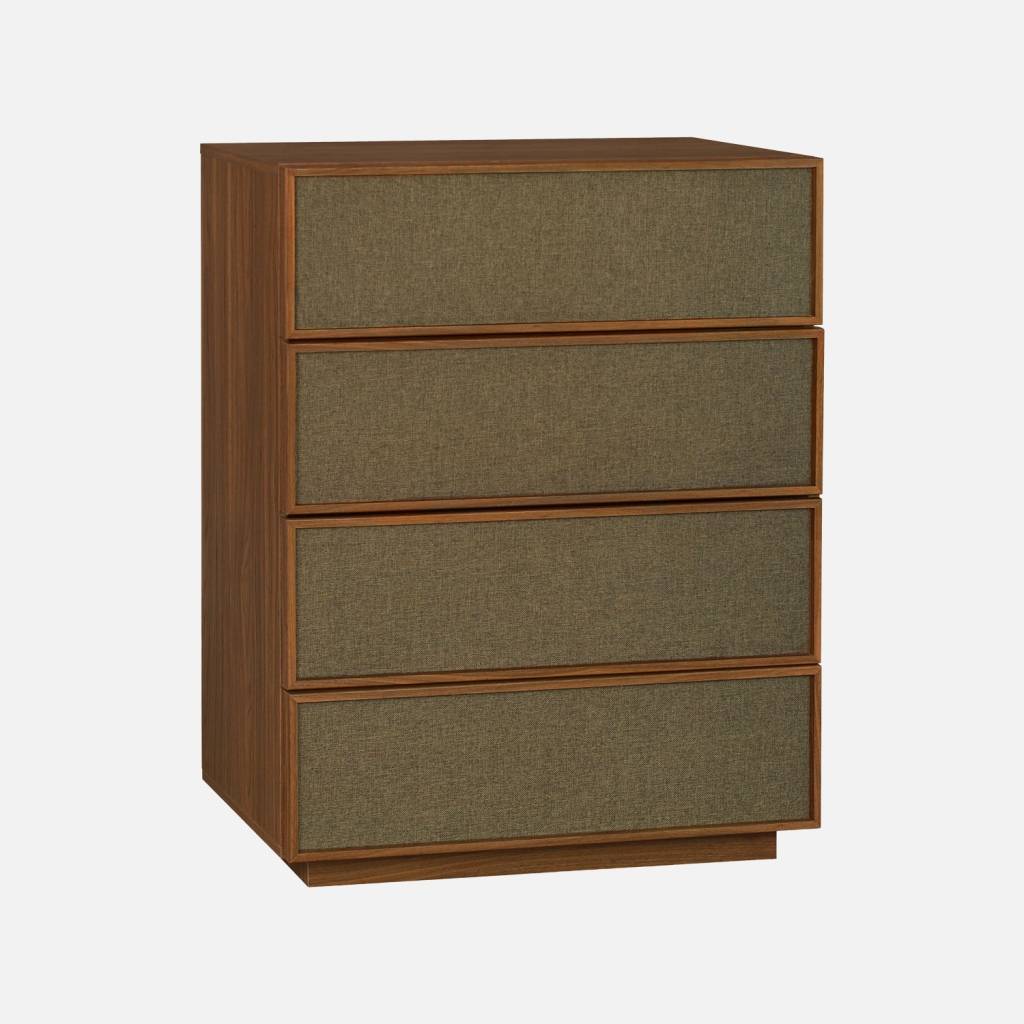 Commode de rangement décor bois et tissu 4 tiroirs noyer