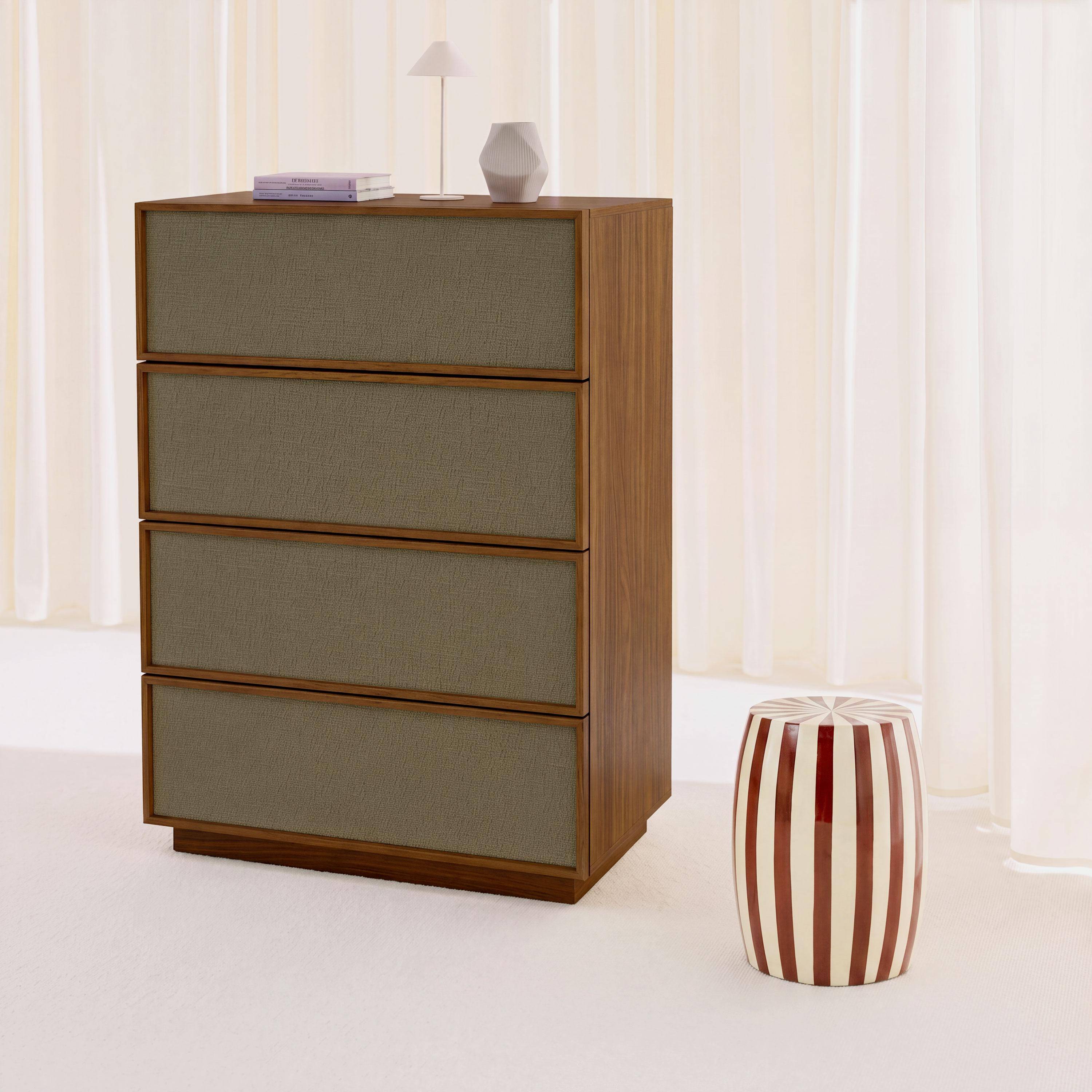 Commode de rangement décor bois et tissu 4 tiroirs noyer - Kuba Photo3