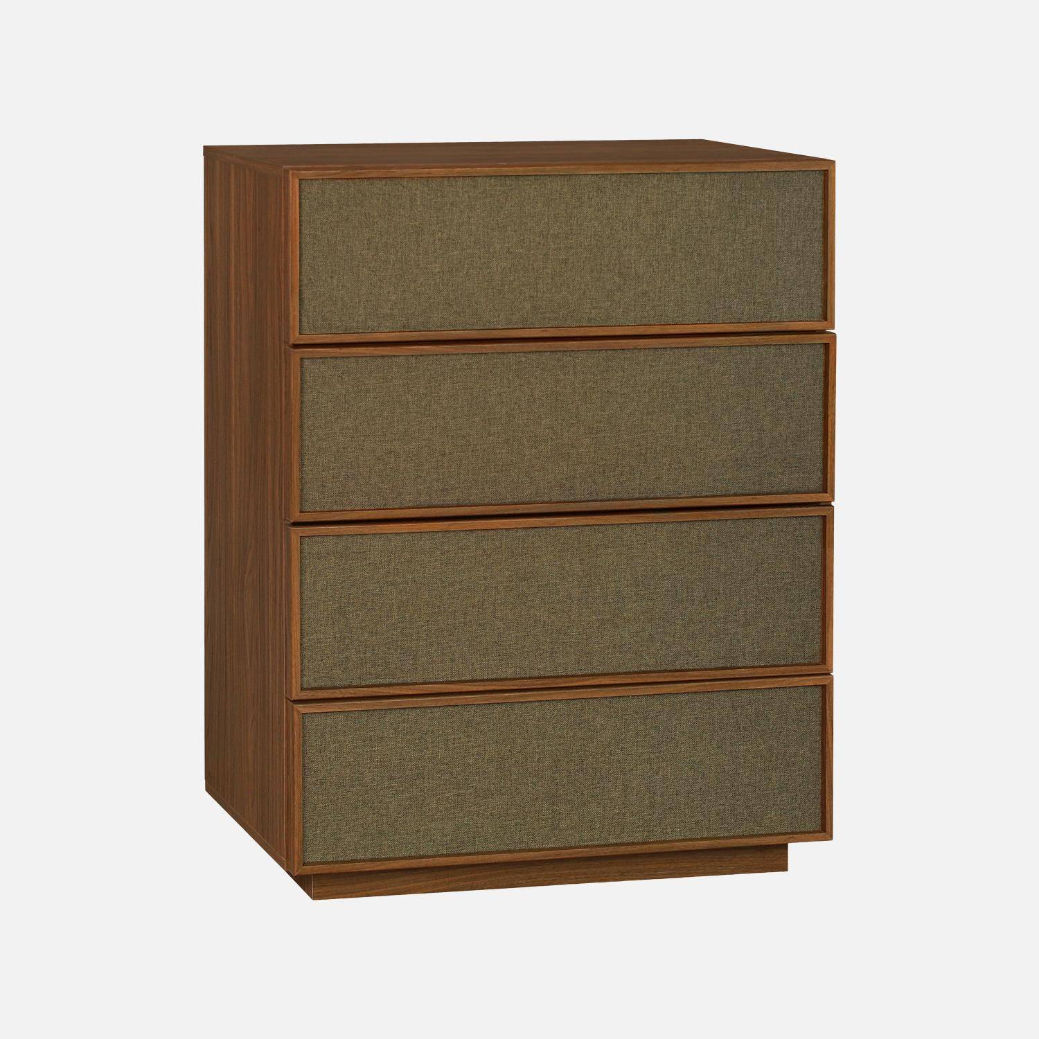 Commode de rangement décor bois et tissu 4 tiroirs noyer - Kuba Photo1