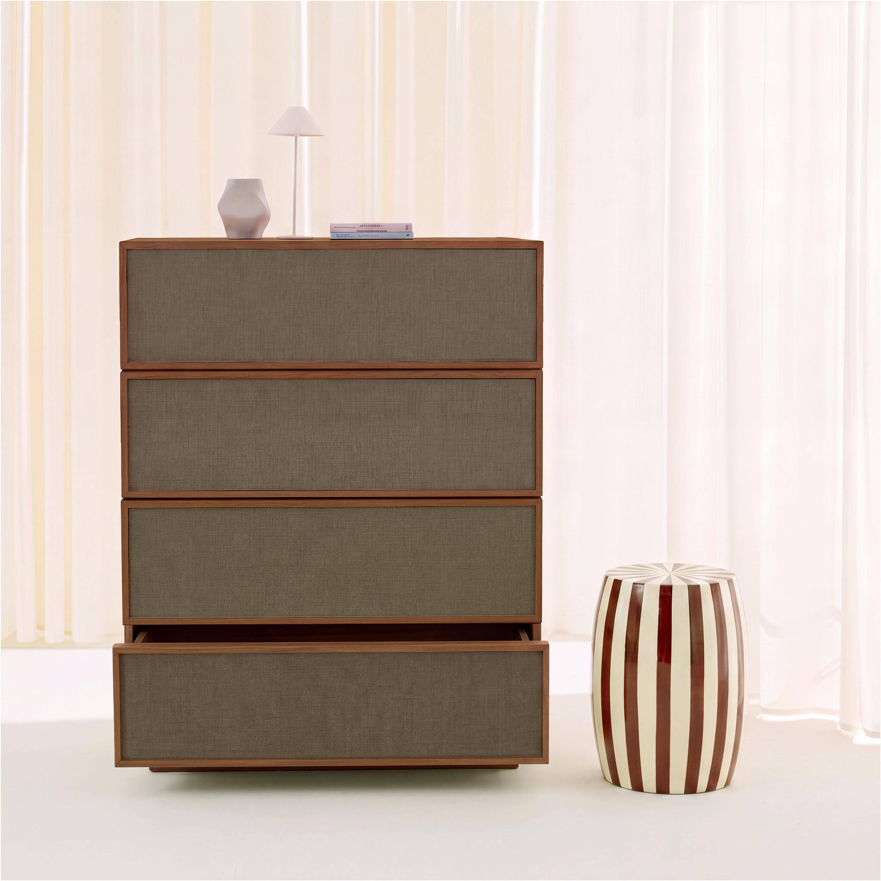 Commode de rangement décor bois et tissu 4 tiroirs noyer - Kuba Photo2