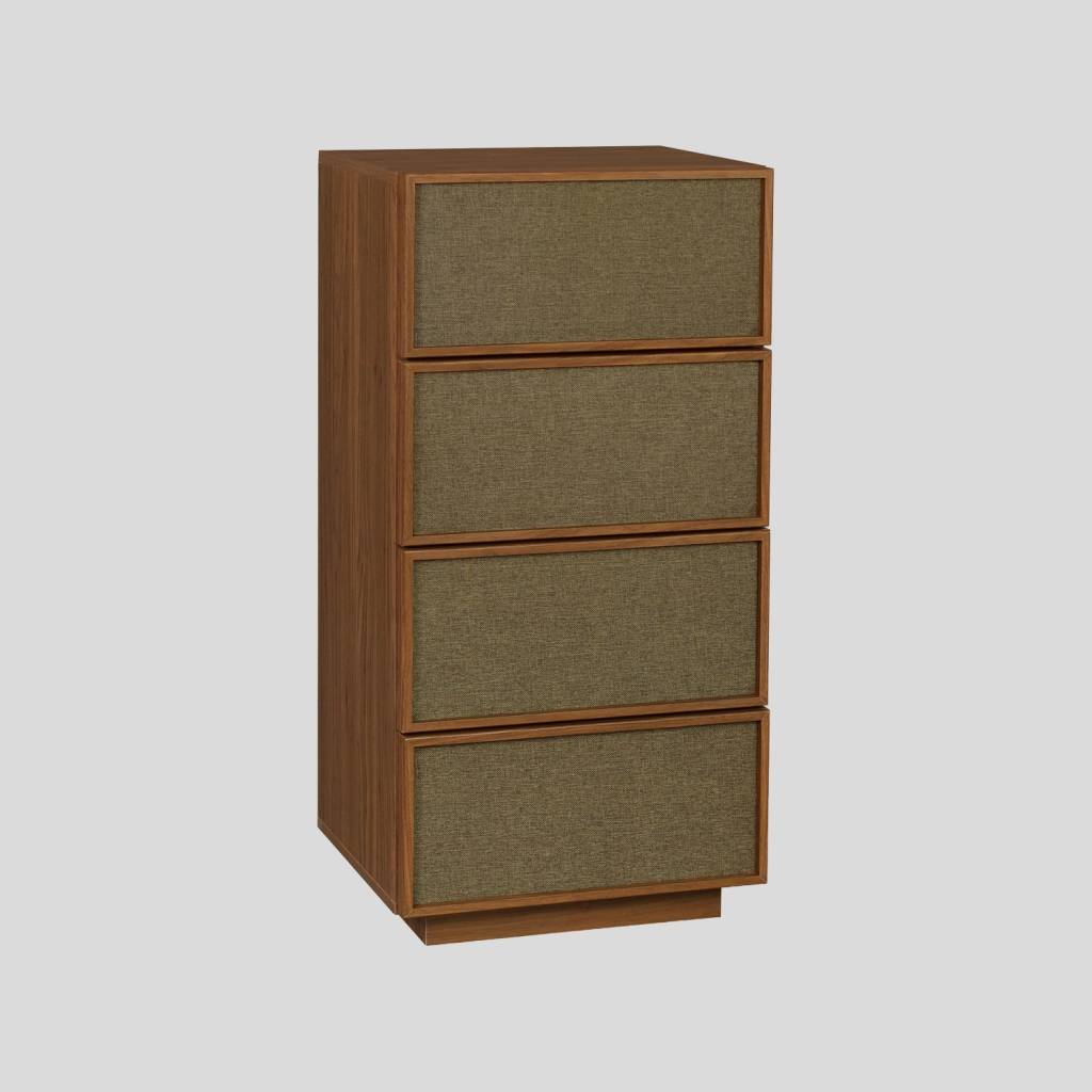 Chiffonnier décor bois et tissu 4 tiroirs noyer