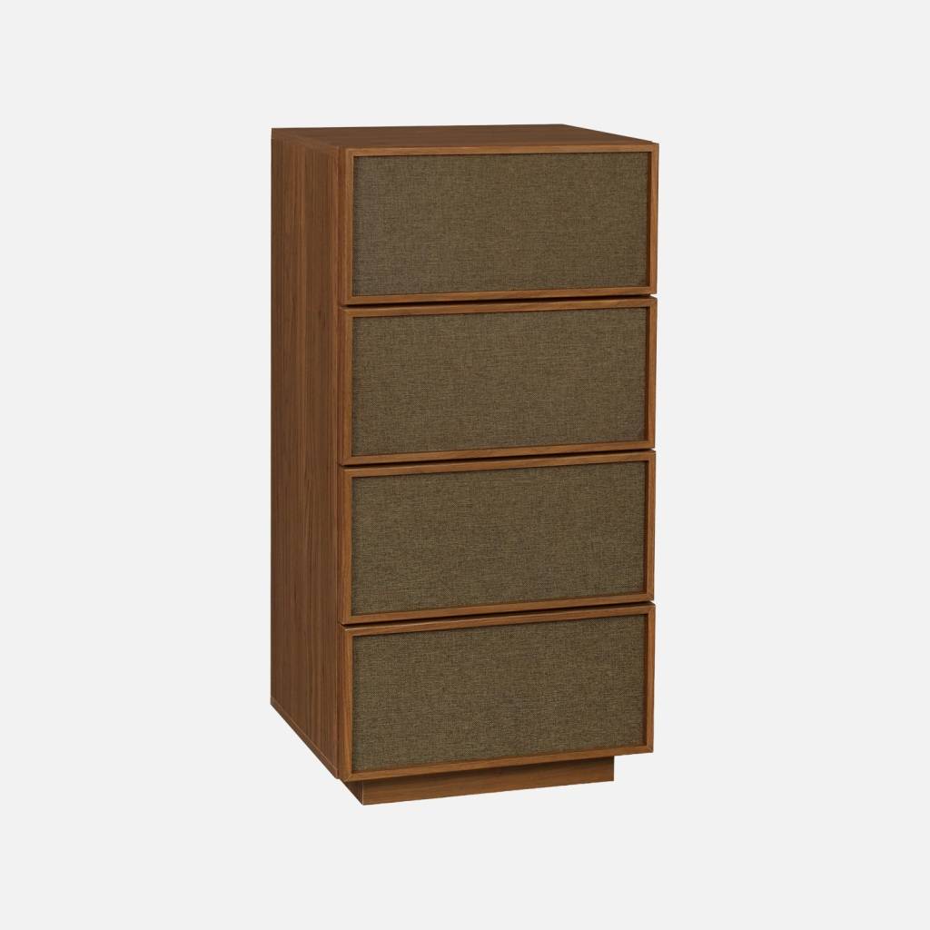 Chiffonnier décor bois et tissu 4 tiroirs noyer