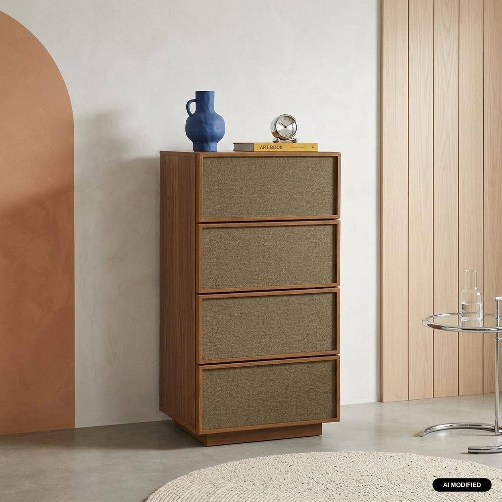 Tallboy chest of 4 drawers wood decor walnut and fabric 48x40x98.5 cm - Kuba Photo1