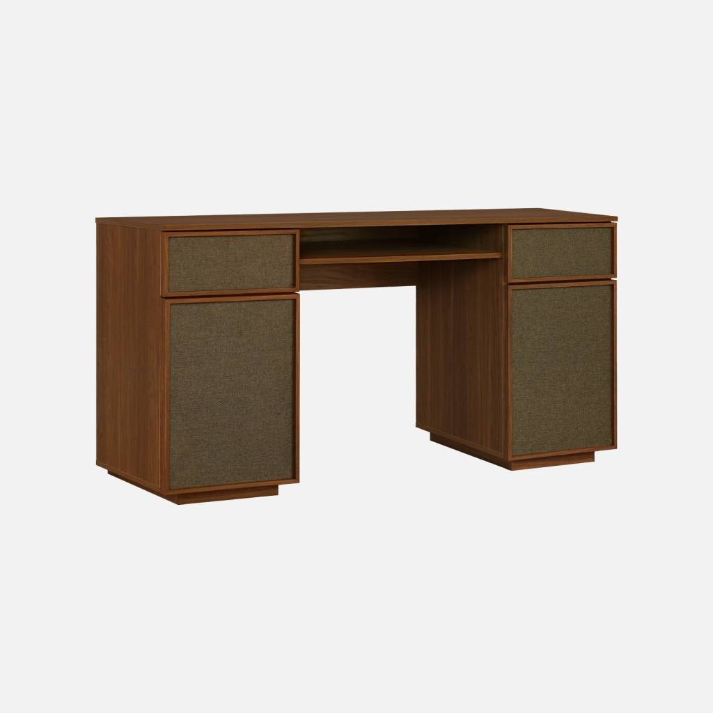 Bureau décor bois et tissu 2 portes 2 tiroirs 1 niche 140cm noyer