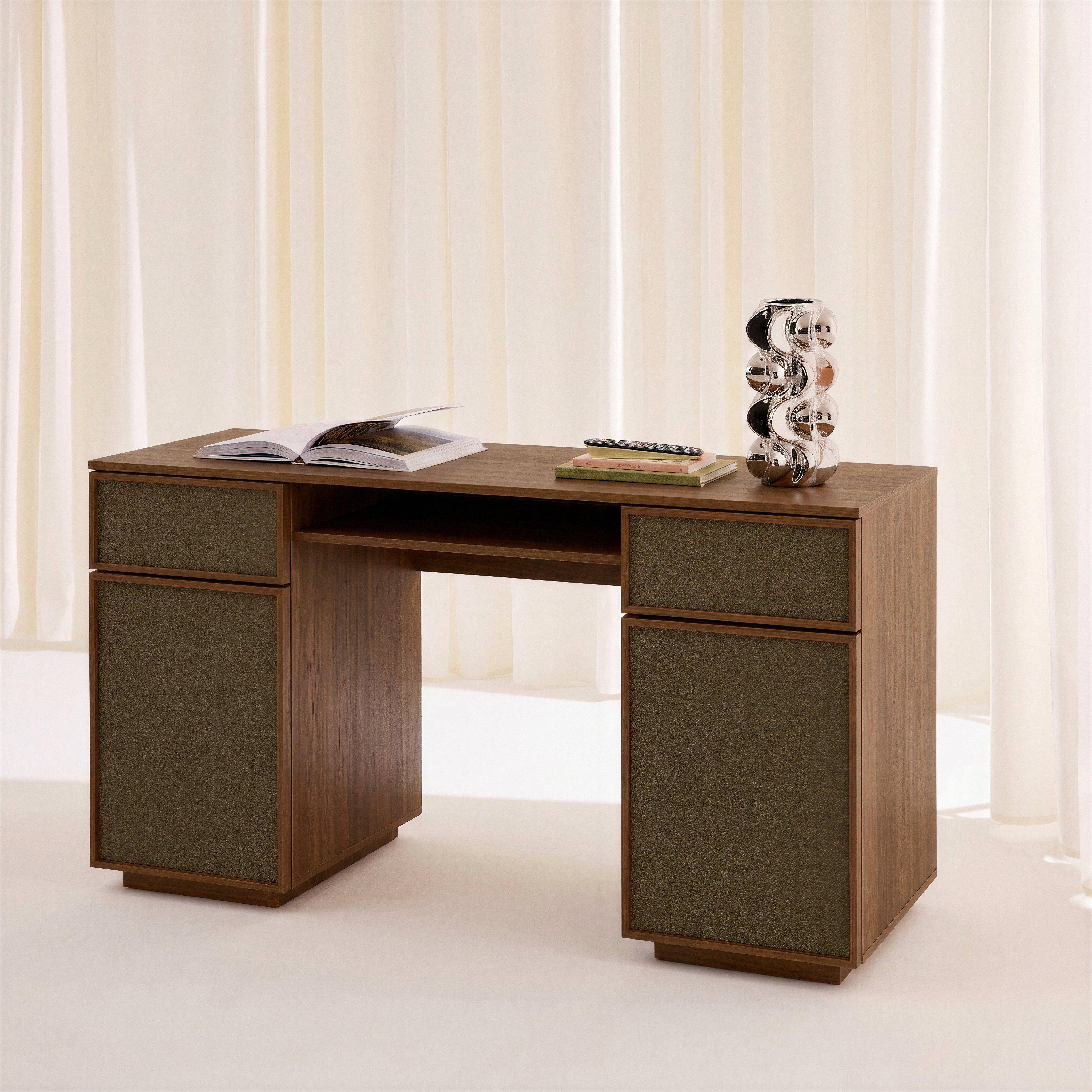 Bureau décor bois et tissu 2 portes 2 tiroirs 1 niche 140cm noyer - Kuba Photo3