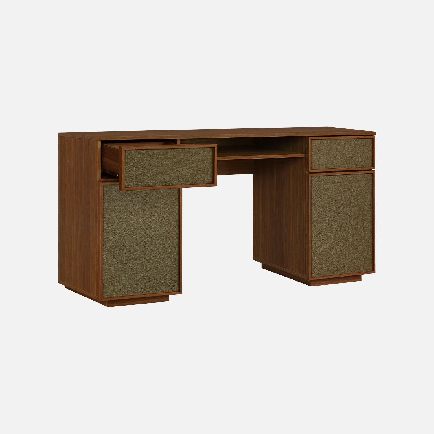 Bureau décor bois et tissu 2 portes 2 tiroirs 1 niche 140cm noyer - Kuba Photo3