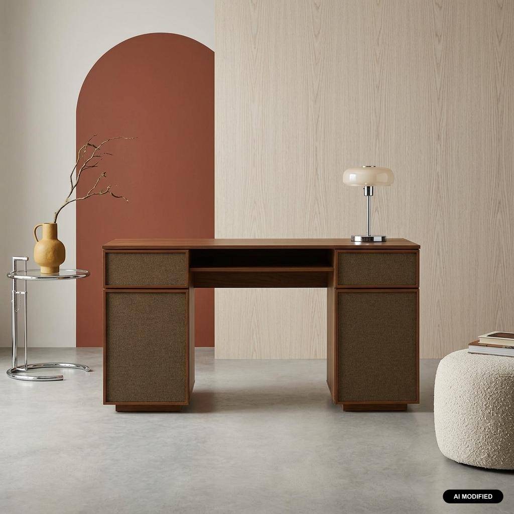 Desk with 2 doors, 2 drawers, 1 niche fabric and wood decor walnut 140x55x77 cm - Kuba,sweeek,Photo1