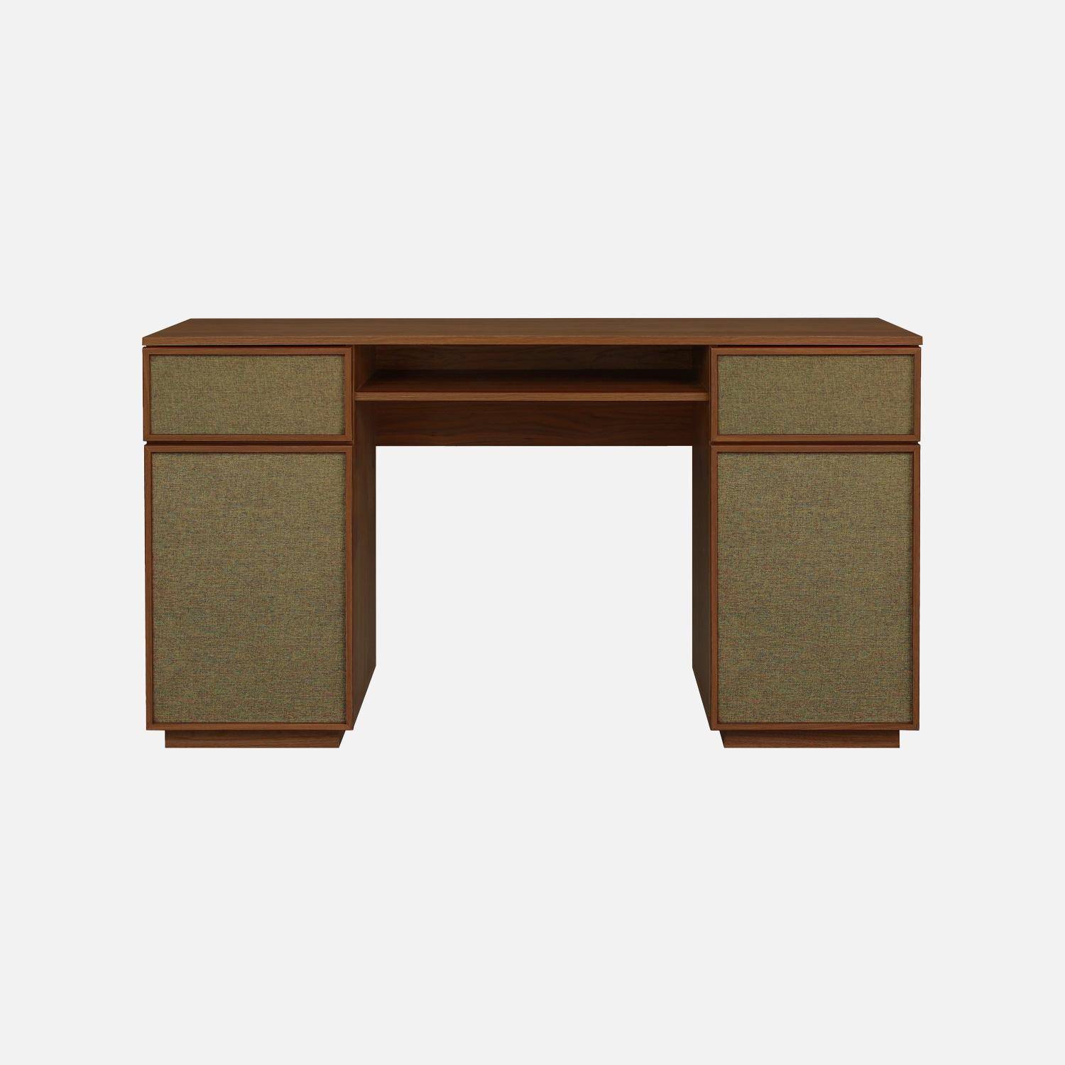 Bureau décor bois et tissu 2 portes 2 tiroirs 1 niche 140cm noyer - Kuba Photo2