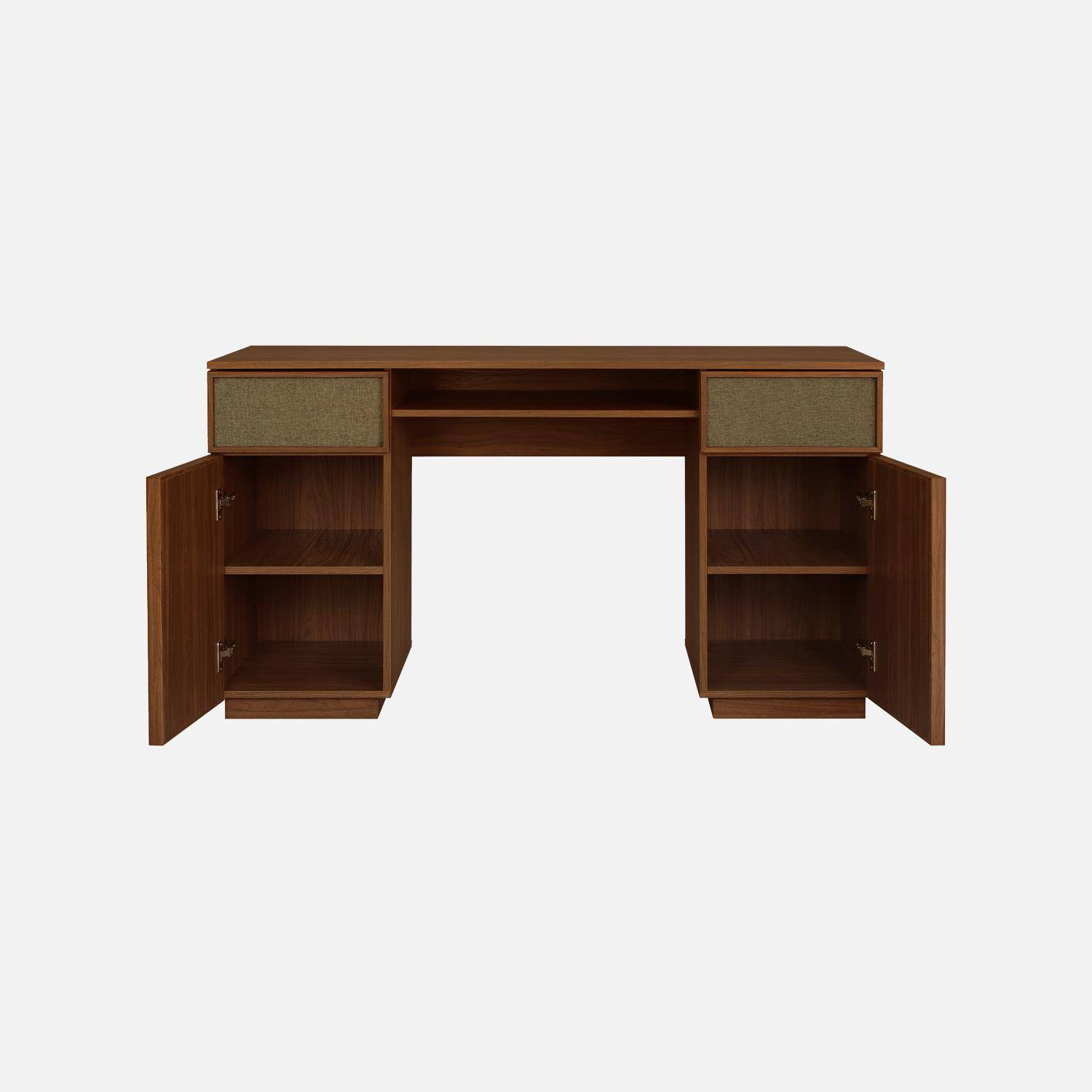 Bureau décor bois et tissu 2 portes 2 tiroirs 1 niche 140cm noyer - Kuba Photo4