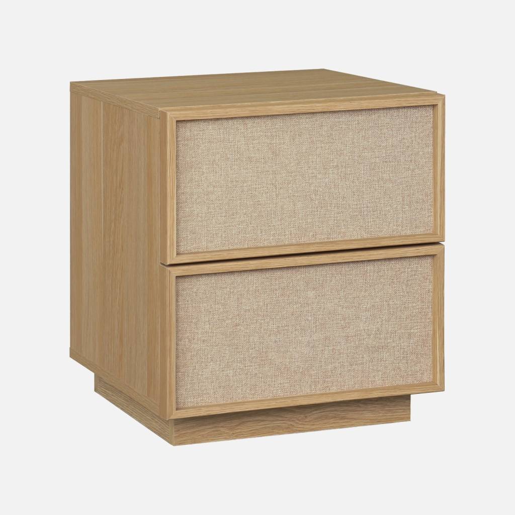 Mesita de noche efecto madera y tela con 2 cajones