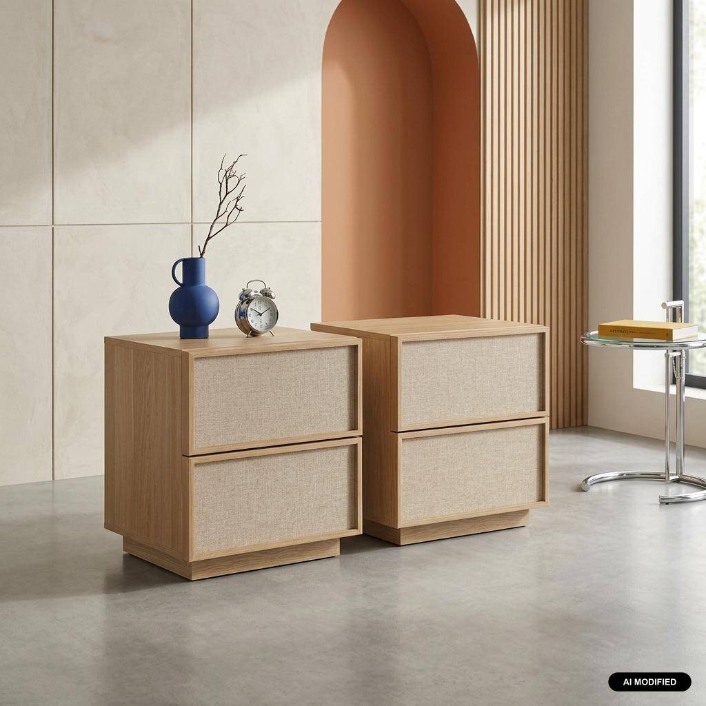 Lot de 2 tables de chevet décor bois et tissu 2 tiroirs naturel - Kuba,sweeek,Photo1