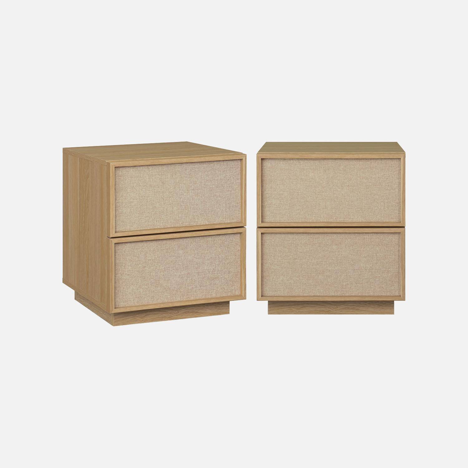 Lot de 2 tables de chevet décor bois et tissu 2 tiroirs naturel - Kuba Photo2