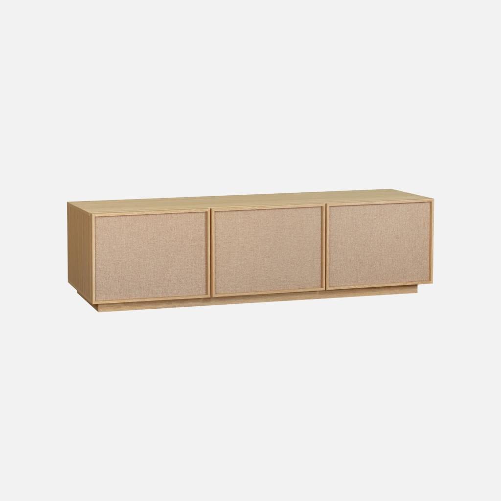 Meuble TV décor bois et tissu 3 portes 180cm naturel