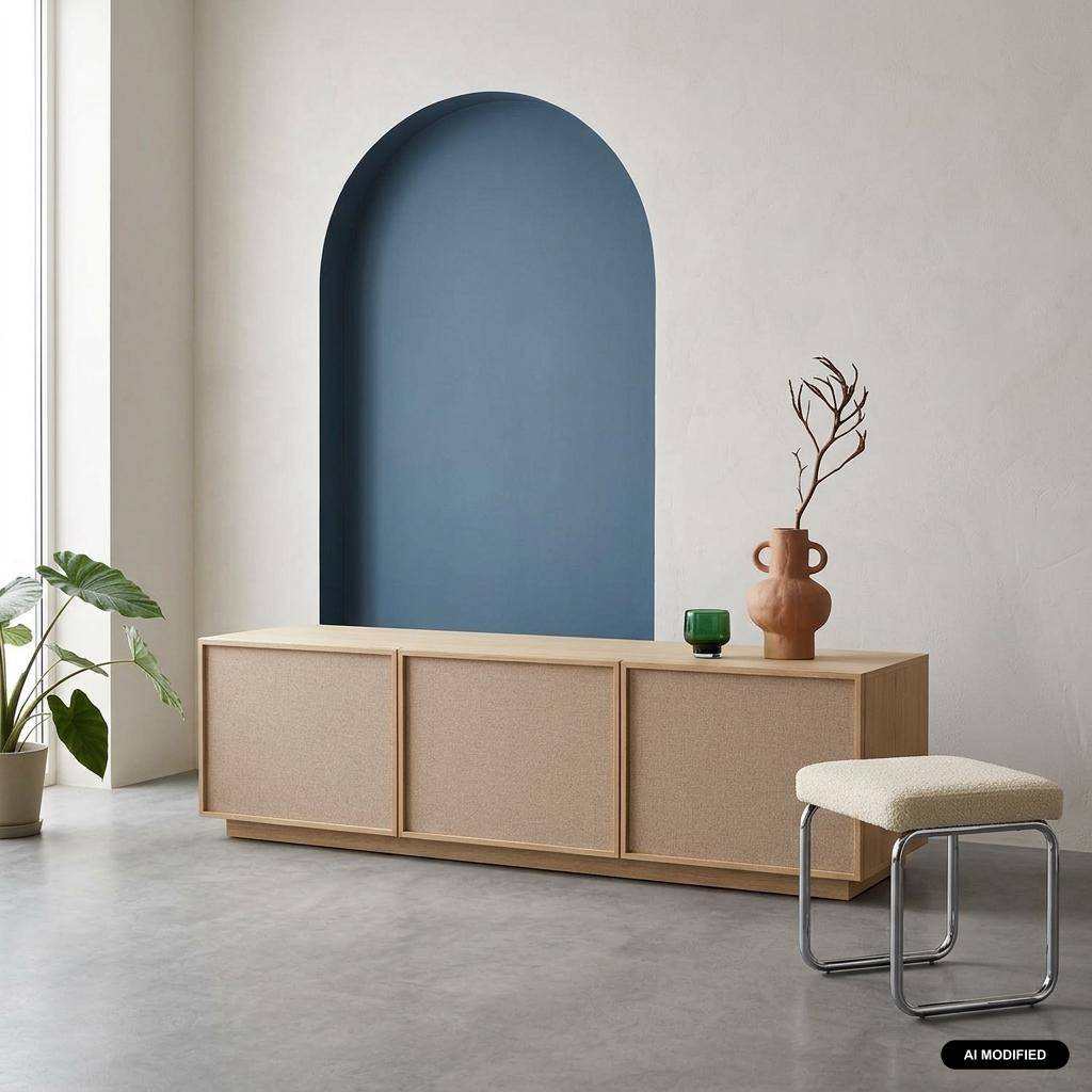Meuble TV décor bois et tissu 3 portes 180cm naturel - Kuba Photo1