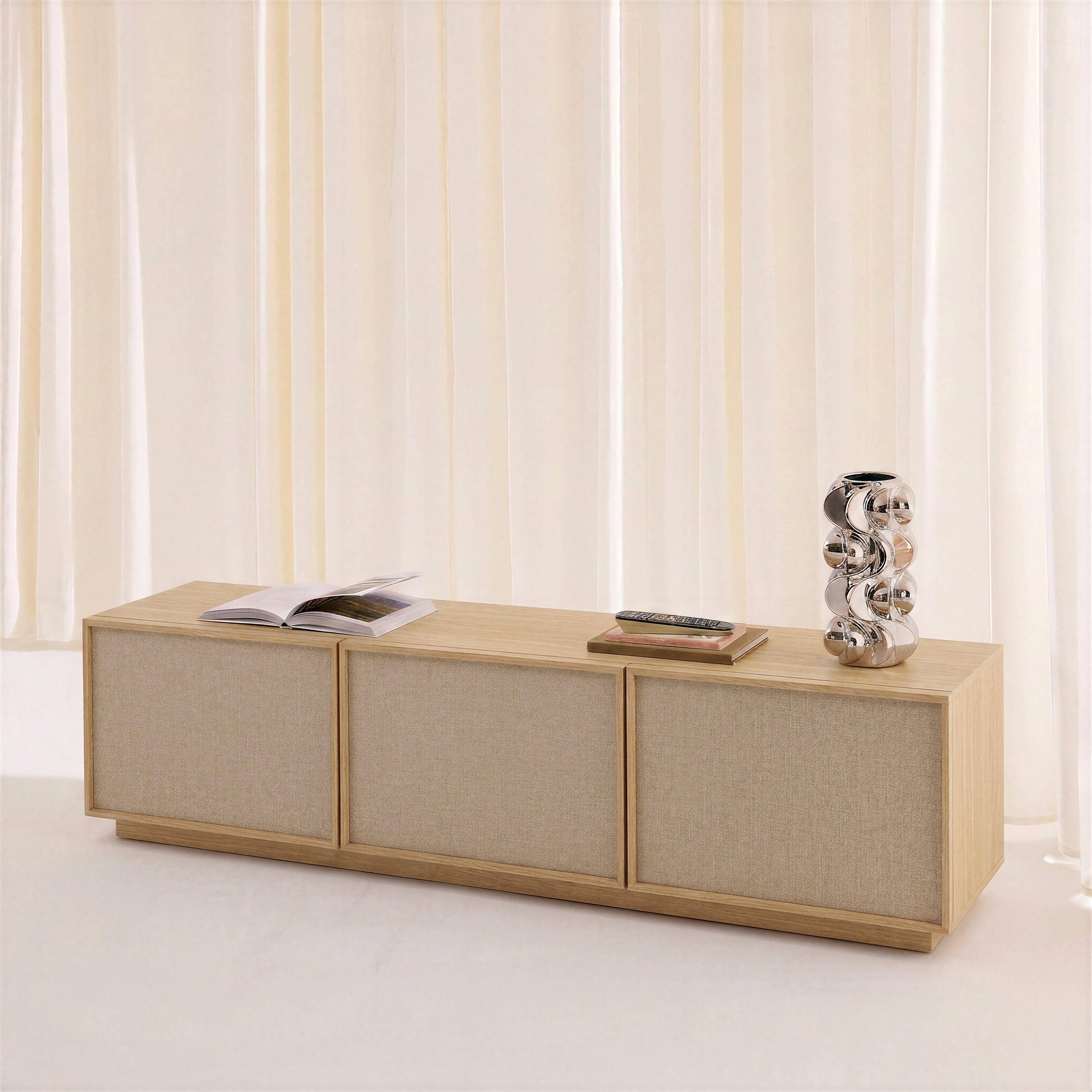 Meuble TV décor bois et tissu 3 portes 180cm naturel - Kuba,sweeek,Photo3