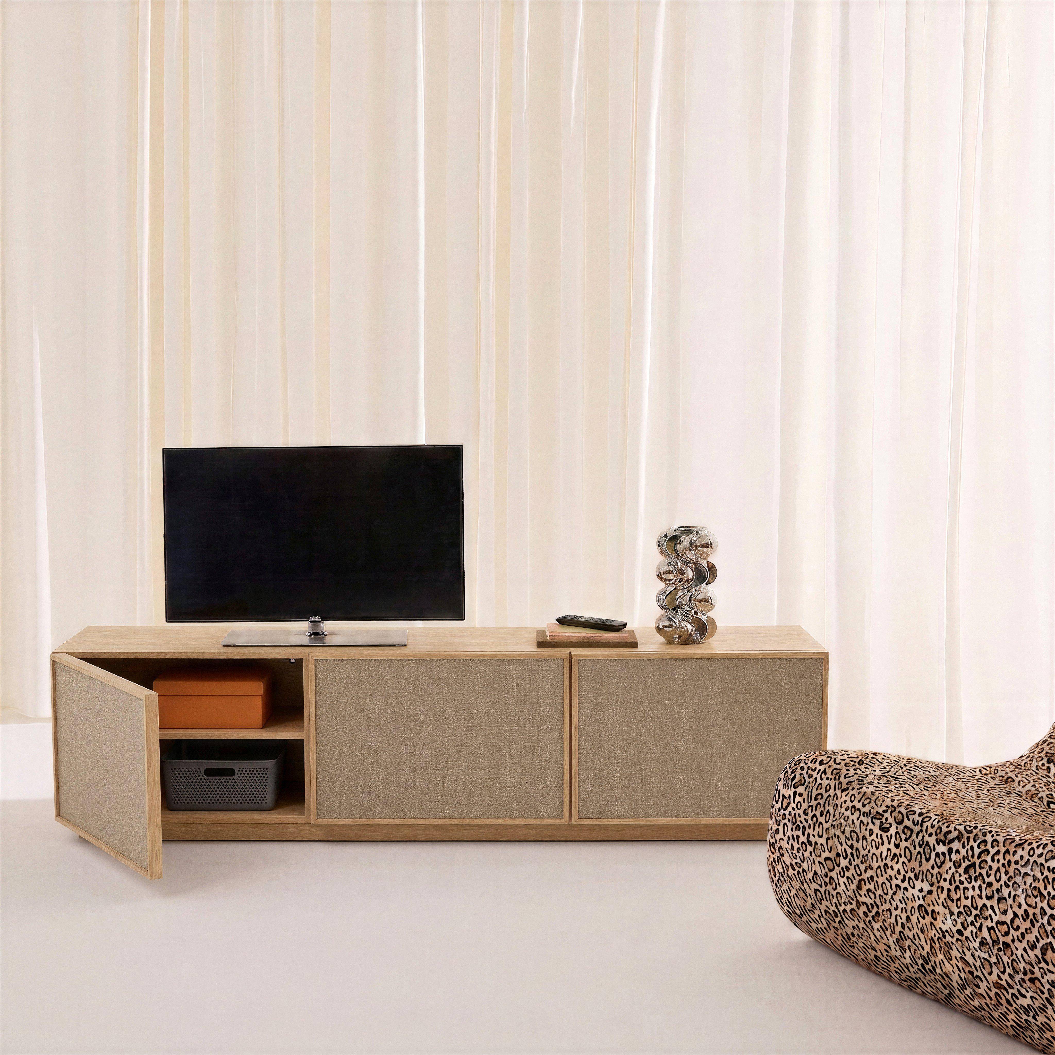 Meuble TV décor bois et tissu 3 portes 180cm naturel - Kuba Photo2