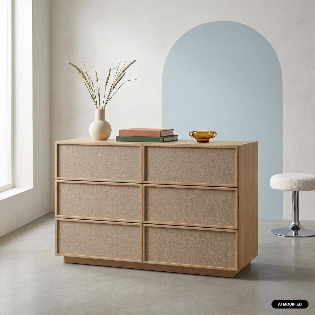 Commode de rangement décor bois et tissu 6 tiroirs naturel - Kuba Photo1