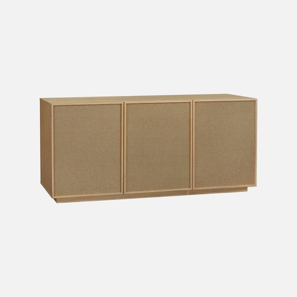 Credenza decorativa in legno e tessuto 3 ante 160 cm, Marrone naturale