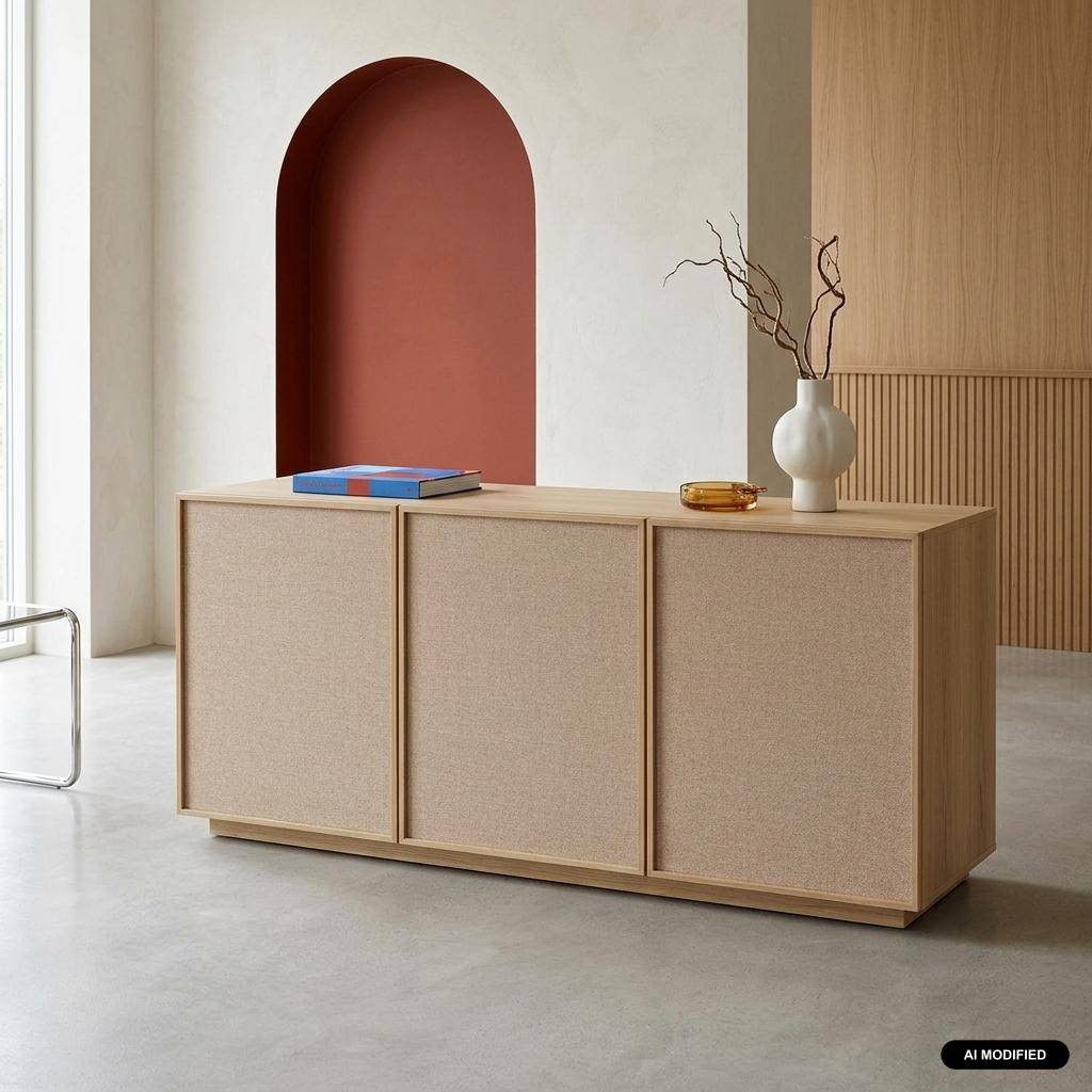 Buffet décor bois et tissu 3 portes 160cm naturel - Kuba Photo1