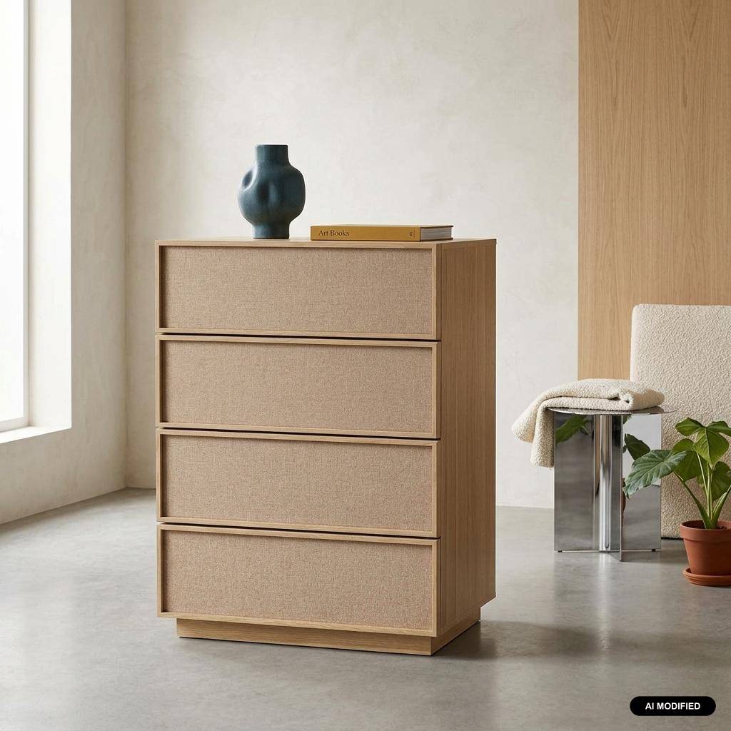 Commode de rangement décor bois et tissu 4 tiroirs naturel - Kuba Photo1