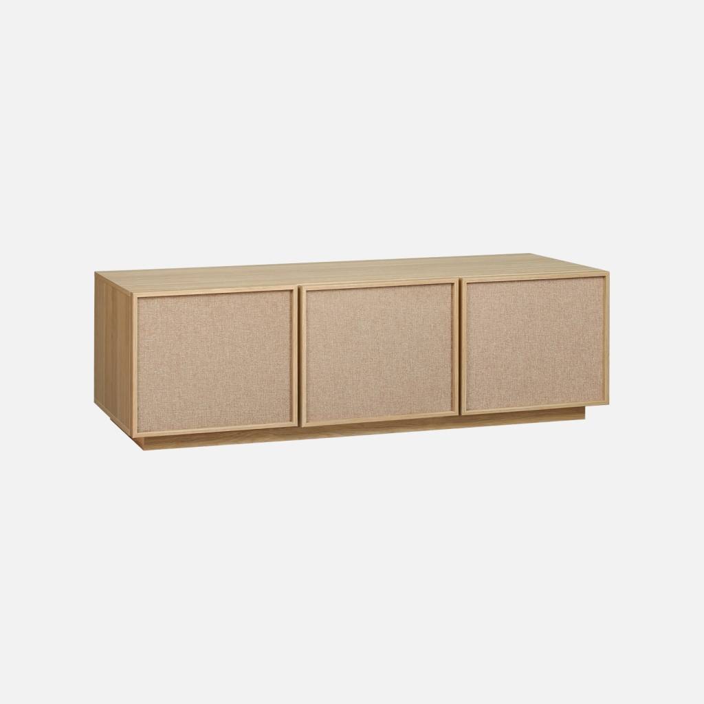 Mueble de TV efecto madera y tela con 3 puertas, 140cm, Natural