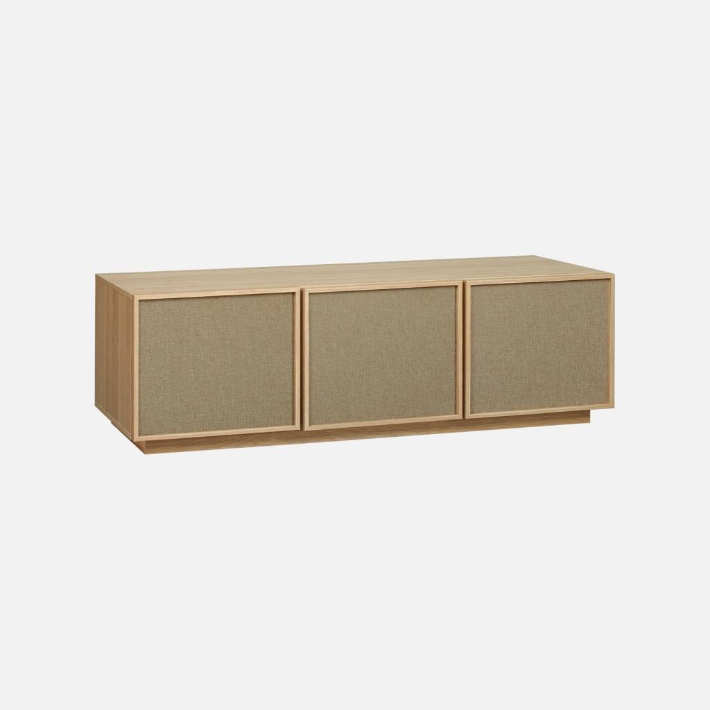Móvel de TV de madeira e tecido com 3 portas, 140cm, Natural