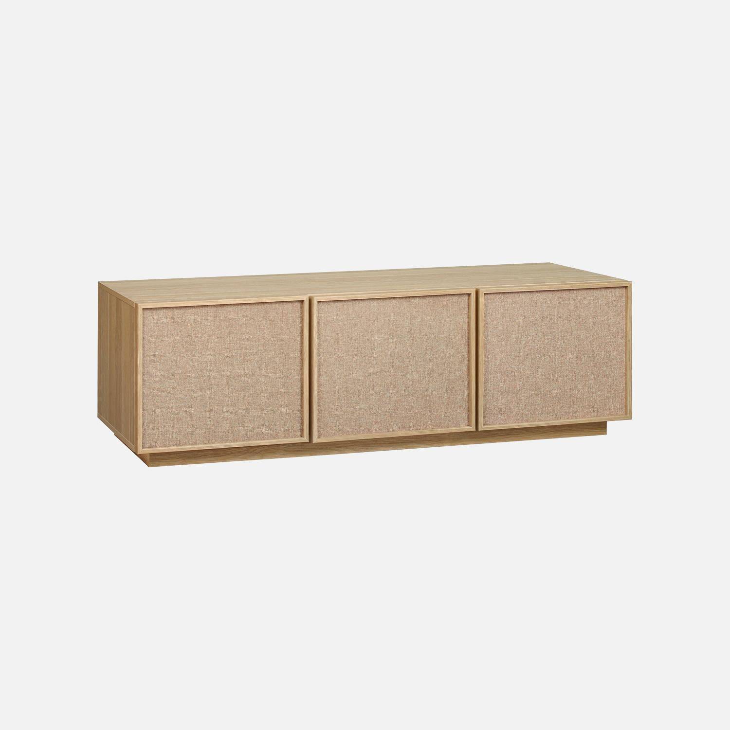 Mueble de TV efecto madera y tela con 3 puertas, 140cm, Kuba, Natural, 140x40x45 cm Photo1