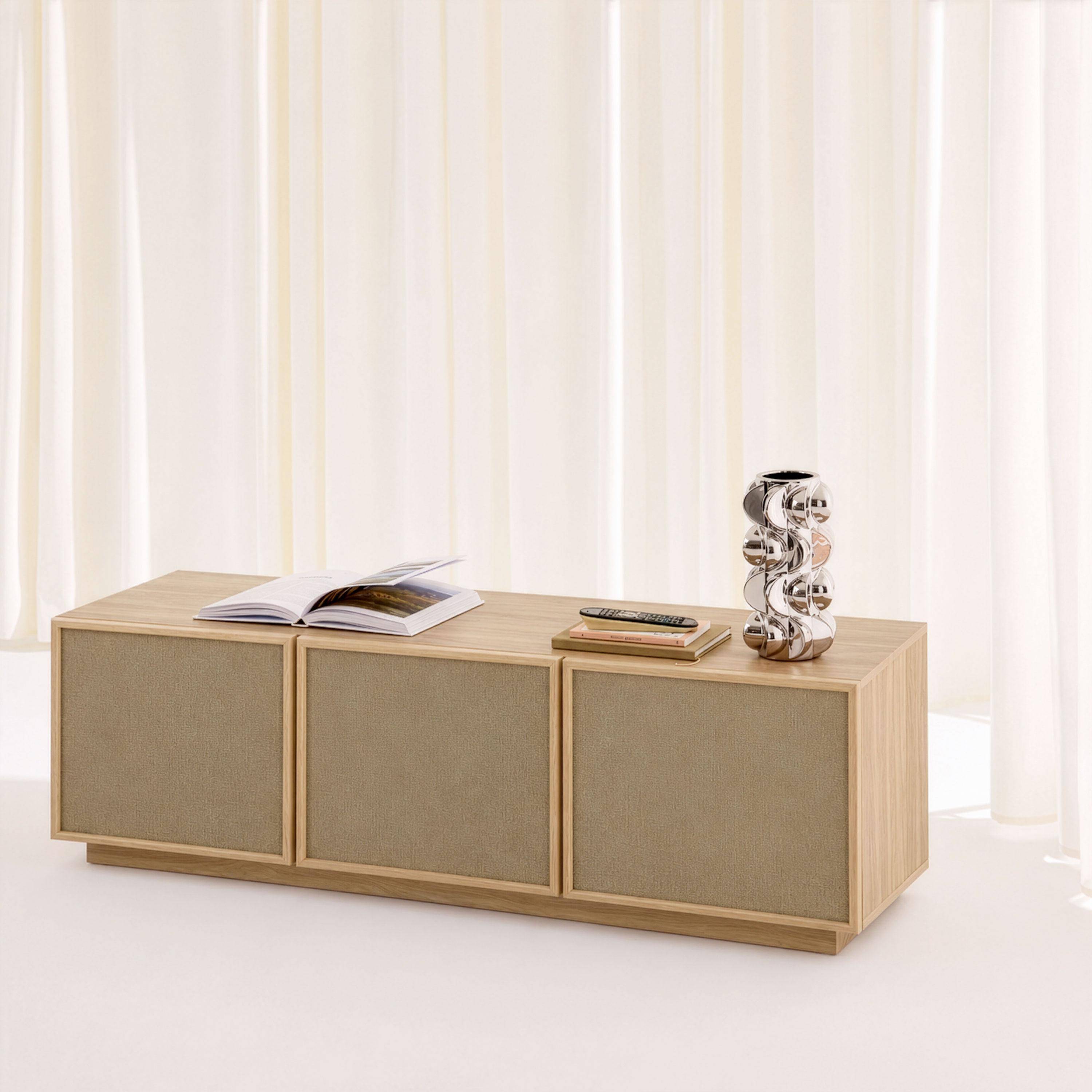 Mueble de TV efecto madera y tela con 3 puertas, 140cm, Kuba, Natural, 140x40x45 cm Photo4