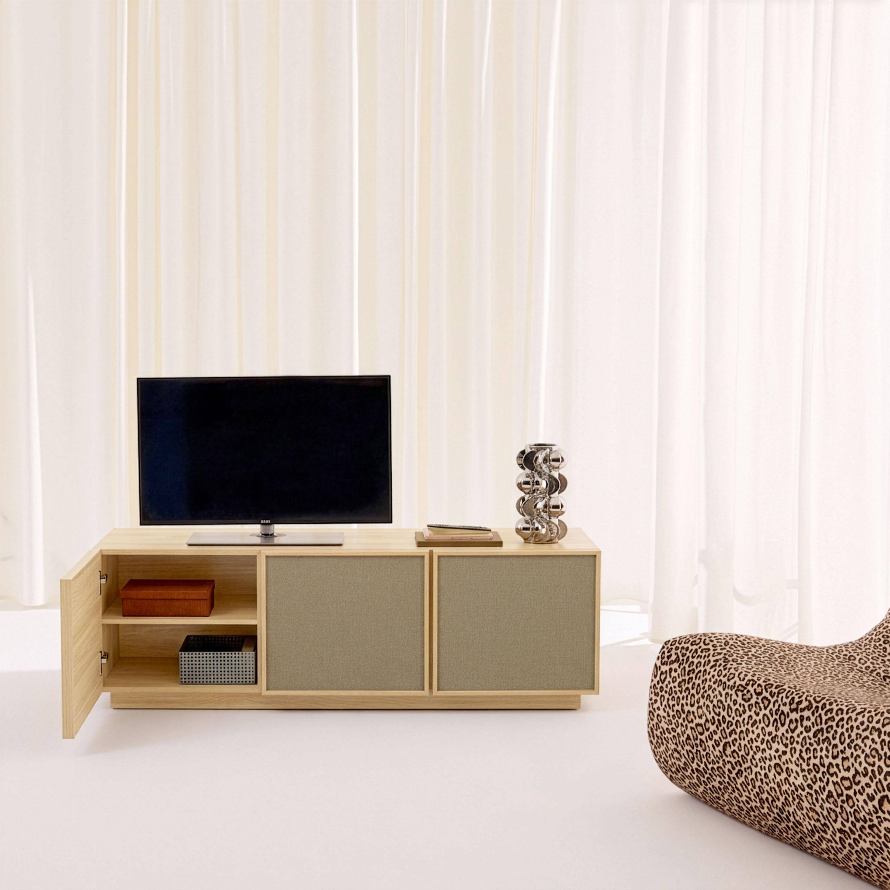 Mueble de TV efecto madera y tela con 3 puertas, 140cm, Kuba, Natural, 140x40x45 cm Photo2