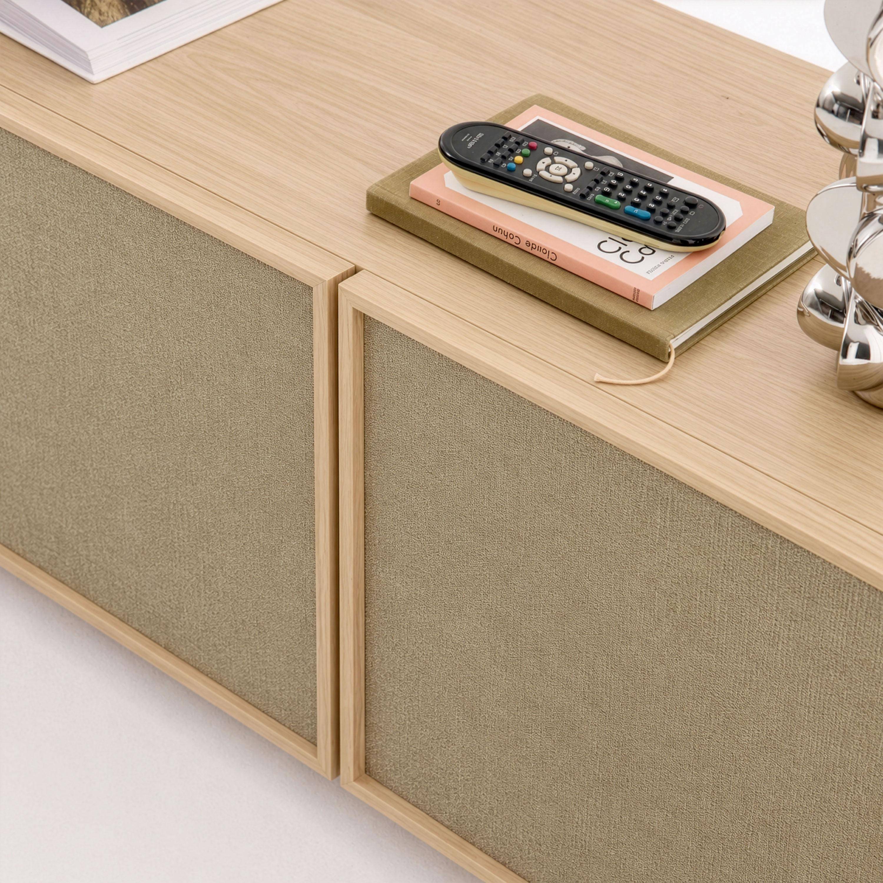 Mueble de TV efecto madera y tela con 3 puertas, 140cm, Kuba, Natural, 140x40x45 cm Photo5