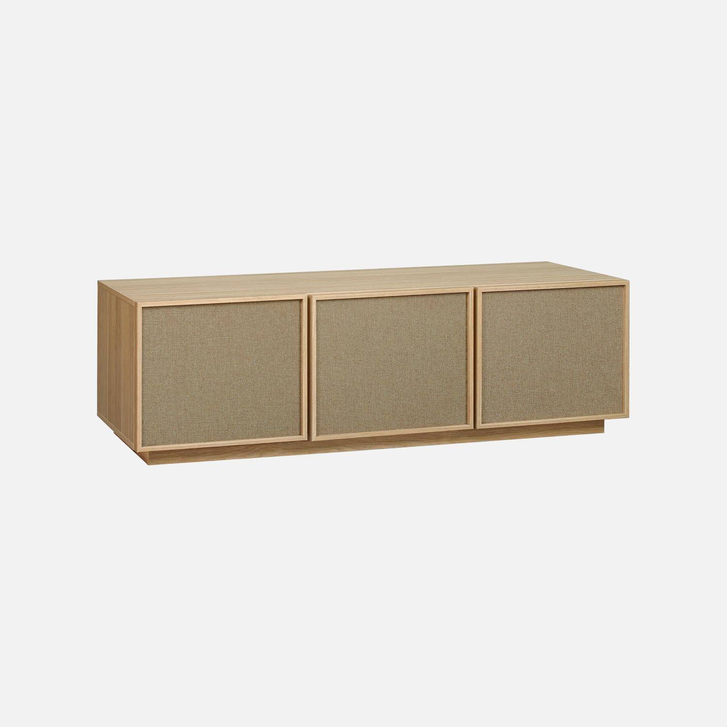 Mueble de TV efecto madera y tela con 3 puertas, 140cm, Kuba, Natural, 140x40x45 cm Photo7