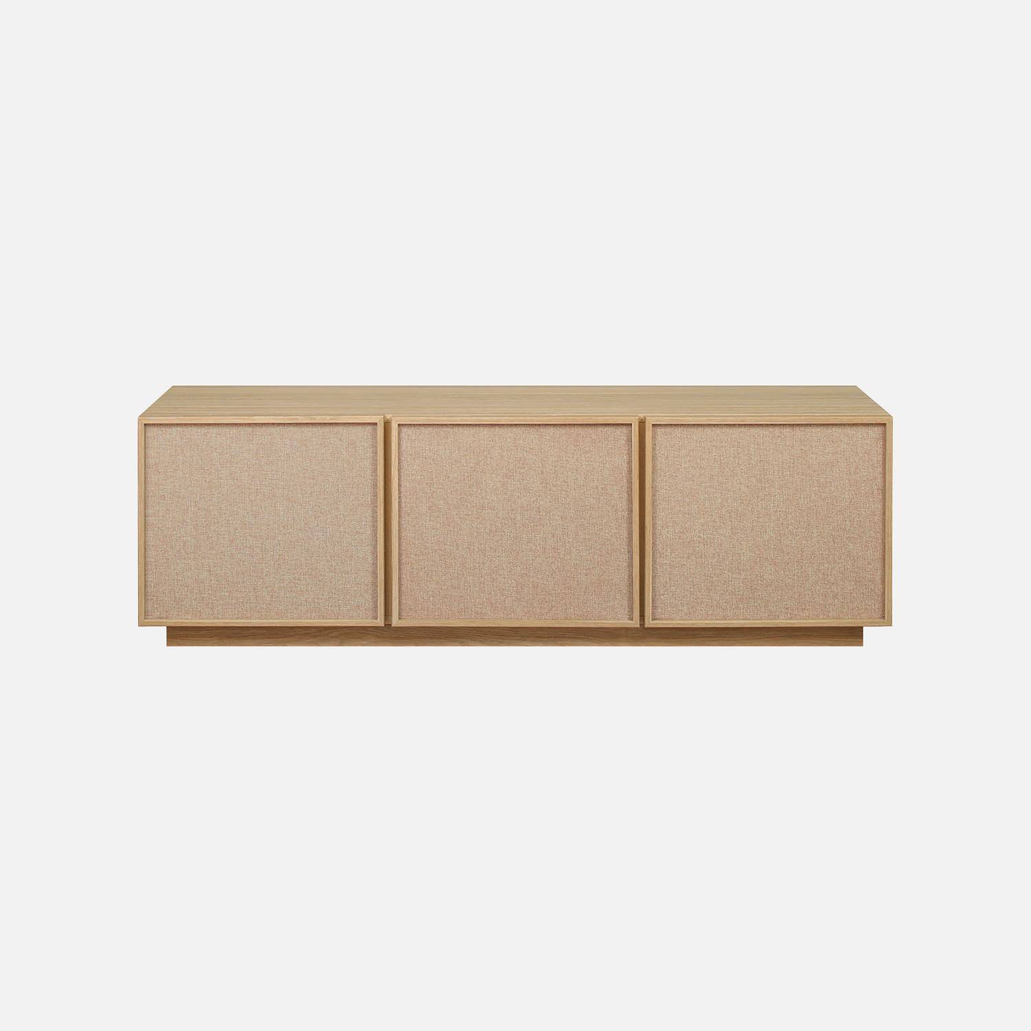 Mueble de TV efecto madera y tela con 3 puertas, 140cm, Kuba, Natural, 140x40x45 cm Photo2